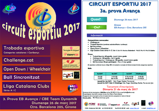 Federació Catalana de Ball Esportiu > Circuit Català > 3a Prova Circuit Ball Esportiu Català. Girona - Avança. Informació i inscripcions Federació Catalana de Ball Esportiu > Circuit Català > 3a Prova Circuit Ball Esportiu Català. Girona - Avança. Informació i inscripcions