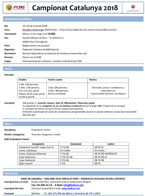 Federació Catalana de Ball Esportiu > Disciplines > Campionats Catalunya 2018 (Estàndards i Llatins). Informació i Inscripcions Federació Catalana de Ball Esportiu > Disciplines > Campionats Catalunya 2018 (Estàndards i Llatins). Informació i Inscripcions