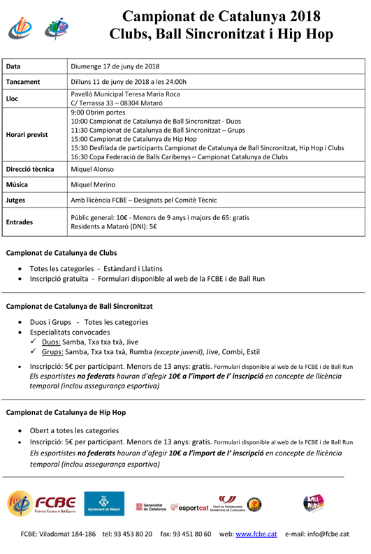 Federació Catalana de Ball Esportiu > Disciplines > Campionats Catalunya Clubs, Sincronitzat i Hip Hop 2018. Informació i inscripcions Federació Catalana de Ball Esportiu > Disciplines > Campionats Catalunya Clubs, Sincronitzat i Hip Hop 2018. Informació i inscripcions