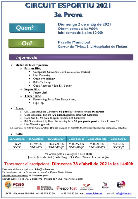 3a Prova Circuit Ball Esportiu Catal 2021 - l’Hospitalet de l’Infant. Informaci   | Federaci Catalana de Ball Esportiu